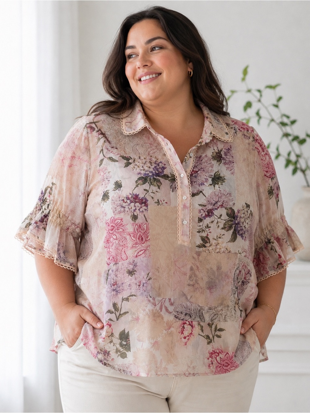 ALEX & LILI Women’s Floral Sheer Lace Trim Blouse XL NWT